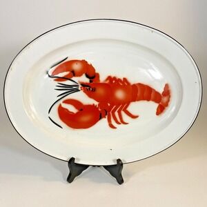 Vintage Enamel Lobster Platter Tray Oval Red/wht Coastal Nautical Retro Kitchen